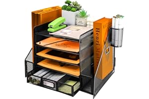 PLSOPPKG Organizador de Escritorio, 5 Niveles Malla Metálica Organizador Bandejas Papel con Estante para Archivos con Cajones 2 Bolígrafos Revistero, para Almacenamiento De Suministros Oficina