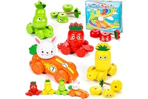 Subtail Giochi Montessori Animali e frutta Auto di legno - Gioco Impilabile per Neonati con Coniglio | Carota | Fragola | Ananas | Pera - Idea Regalo per Bambina e Bambino da 2 3 4 5 6 anni