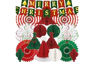 Fovths 22 Stück Weinachtsfeier Deko, Papier Merry Christmas Deko, Waben Deko Weihnachten, Frohe Weihnachten Dekorations mit Banner Weihnachtsbaum Komlettset für Weihnachtparty weihnachtsfeier