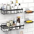 Allkartz Metal Bathroom Rack Self Adhesive Hanging Shelves With Hooks - No Drilling Wall Mount Storage Accessories Set for Home - Rustproof 2 Shelf 2 Soap Dishes With 4 Sticker