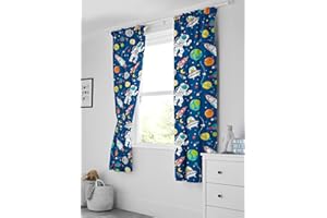 Bloomsbury Mill - Kids Curtains for Boys & Girls Bedroom - Space, Rockets and Planets - Lined Curtain Pair with Tiebacks - Blue Nursery Curtains for Childrens Baby Room - 66X72 inch drop (168x183cm)