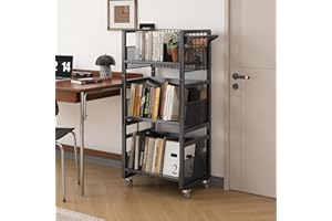 Ornestia Book Cart with Wheels, 200 lbs Library Cart with handle,Single Sided L-Shaped Flat Shelves,for Home Shelves Office and School Book Truck, With 3 magnetic bookends-Black