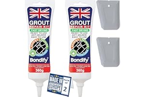 BONDIFY Kit Riparazione Fughe Piastrelle Grigio, Asciugatura Rapida 360g x 2 ANTI-MUFFA Tubetto Stucco per Piastrelle Bagno & Doccia, Grout Repair Kit, Stucco per Fughe Pavimento, Sigillante per Malta