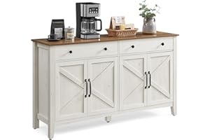 VASAGLE Buffet, Meuble de Rangement avec Tiroir, Meuble de Cuisine, avec Portes, Étagère Réglable, Style Campagne, pour Salon, 40 x 140 x 80 cm, Blanc Rustique et Marron Miel BBK381W02