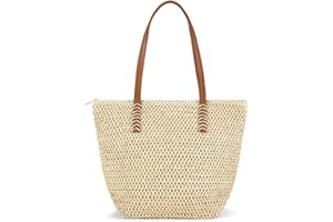 Woodland Leathers Women's Straw Shoulder Bag, Medium & Large Summer Beach Tote with Zipper, Durable Leather Handles, Women Holiday Shoulder Bag with Versatile Styles and Colours