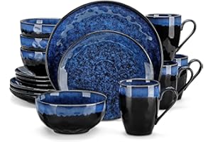 vancasso Dinner Set for 4, Starry Blue Dinner Sets, Reactive Glaze Dinnerware Tableware, 16-Piece Dinner Service with 10.5in Dinner Plate, 8.5in Dessert Plate, 720ml Bowl and 360ml Mug
