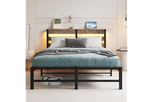VERFARM 4ft6 Double Bed Frame with Charging Station and LED Lights, Heavy Duty Metal Platform Double 135x190 cm Bed Frame with Wood Storage Headboard, No Box Spring Needed, Noise Free, Brown
