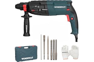 WONDERCUT WC-RH-26-B Corded Electric Rotary Hammer with 26mm SDS Plus,1600W Copper Armature,5 Functions with Vibration Control, With Bmc Box,3 Drill Bits,2 Chisel,1 Metal Depth Gauge | Blue & Black