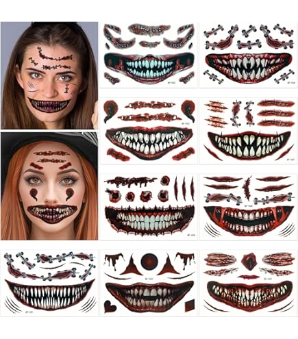 DPKOW Tatuaggio Viso Joker con Brillantini Viso, Tatuaggio Temporaneo Joker Accessori per Costume di Halloween Trucco per Uomini Donne e Bambini Tatuaggi Finti