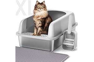 Vailge Cat litter Tray Stainless Steel, Extra Large 28L High-Sided Litter Box with Litter Scoop & Mat, Metal Cat Litter Tray for Large Cats, 60x40x30cm, Single Pack
