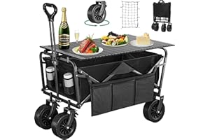 YITAHOME Beach Trolley with Big Universal Wheels, Folding Wagon with table 2 Drink Holders, Large Capacity 220 lbs Adjustable Handle Height, Festival Trolley for Outdoor Garden Picnics (Blue)