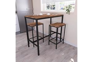 Vida Designs Roslyn 3-Piece Table Set with 2 Stools/Chairs, Compact Design for Dining, Kitchen, Breakfast Bar, Apartment, Balcony, Garden with Industrial Steel Frame, H90xW100xD5 (Dark Wood)