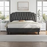 Yaheetech Velvet Upholstered Bed Double Bed 140&times;200 cm Dark Grey | Height Adjustable Headboard Metal Bed Frame with Wooden Sl