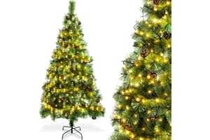 Aigostar 180 CM Árbol de Navidad Artificial,con Cadena de Luces LED de 18 M,300 LED Blanco cálido,8 Modos de Iluminación,Ramas Aguja de Pino con Piñas,Verde,Incluye Soporte de Meta