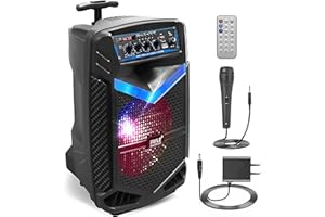 Pyle Enceinte Bluetooth Puissante,400W Enceinte Sono Portable avec Batterie Rechargeable,Subwoofer et Tweeter,Fonction d'Enregistrement, Micro Filaire SD,USB,AUX Radio, Eclairage LED et Roues, Noir
