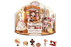 Rolife Model Kit Elsa's Tailoring Wooden DIY Miniature House Kit Vintage Rustic Style Tailor Shop Dollhouse Home Decoration Birthday Gift for Her