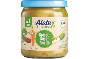 ‎ALETE Alete bewusst BIO-Spinat-Käse-Risotto, ab 1 Jahr, Babynahrung im Gläschen mit Reis, Karotten & Käse, Kindermahlzeit in Bio-Qualität, ohne Zuckerzusatz und Aromastoffe, 6 x 250 g