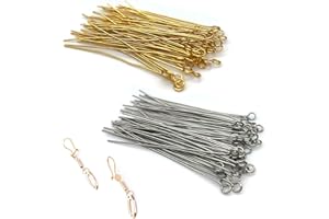 DHER Épingles à tête de fabrication de bijoux Épingles à oeil Tiges Clous a Tete 100pcs aiguille en forme de T en acier inoxydable 0.6mm diamètre de fil aiguille à tête plate argent/or
