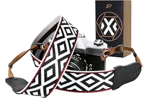 Padwa Lifestyle Kameragurt - 2“ Rindsleder Kopf Kameragurt für Fotografen, Vintage Jacquard Stickerei gewebt Baumwolle verstellbare Schulter Nackenriemen für Kameras, Ferngläser - weißer Rhombus