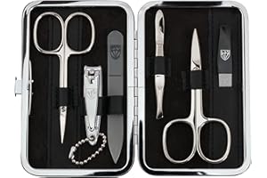 ‎DREI SCHWERTER DREI SCHWERTER - Germany 6-tlg. Maniküreset 'Genova' | Set im Nageletui aus Echt Leder schwarz | Inhalt: Nagelschere, Hautschere, Nagelknipser, Glasnagelfeile, Pinzette, Saphirnagelfeile