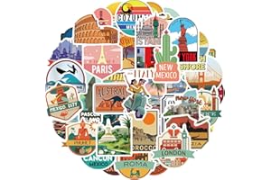 ‎HIBARBY Hibarby Vintage Travel City Stickers, Pack of 50, Aesthetic Retro Sticker Set for Laptop, Water Bottle, Travel Case, Skateboard, Helmet, Mobile Phone Case, Diary, Vinyl Stickers for Adults and