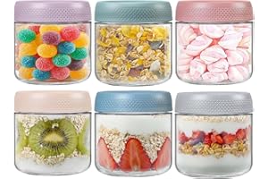 TempFoo Overnight Oats Jar Container set 6, 350ml Glass Mason Jars with Lids, Cereal Milk Vegetable Fruit Salad Jam Protein Porridge Clear Storage Containers, Breakfast Pots with Lid