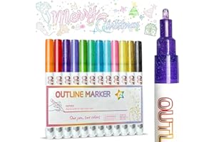 WISHOMEIN Outline Pens Metallic Markers Pens: 12 Glitter Pens Double Line Highlighter Pens for Christmas Gifts Card Writing, Silver Outline Markers for Birthday Greeting, ScrapBook Photo Albums, DIY Art Craft