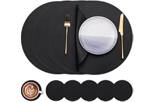 Myir JUN Tovagliette in Pelle e Sottobicchieri, Set di 6 Tovagliette Rotonde e sottobicchieri 38cm Rotonde Tovagliette Americane Bifacciale Non-scivolose Impermeabile (Nero 01, Set di 6)