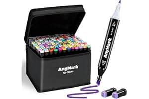 AnyMark Zestaw 120 Kolorowych Markerów Alkoholowych, Podwójna Końcówka Ścięta i Cienka, Markery Alkoholowe dla Dzieci i Dorosłych, Do Kolorowania i Rysowania, Czarna Obudowa