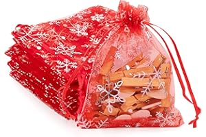 Yesaler Sacchetto di Organza Fiocco di Neve Natalizio Con Coulisse per la Decorazione dei Regali - 100 Pezzi (Rosso, 9x12 cm)