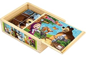 LIAKAI Masha y el Oso cubo de madera con imágenes 12 cubos juguete para niños juguete de madera a partir de 1 año favorece la coordinación mano-ojo y la motricidad dimensiones: 16,3x5,1x13cm multicolor