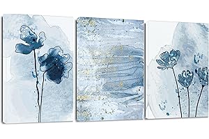 Artscope Wydruki i obrazy na płótnie 3 szt. Kwiat Akwarela Niebieski i Złoty Obraz Fotografia ścienna Płótno Sztuka ścienna Piękny prezent do wystroju domu Restauracja Kuchnia Rocznica Prezent
