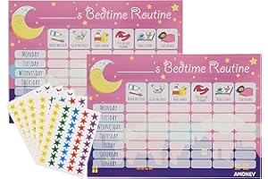 Amababy Amonev Bedtime chart 2x Pink Pack Amonev Bedtime Routine Chart Reward Chart for Sleep Training Twin Pack chart for Boys Girls toddlers and young children with 225 stars stickers included