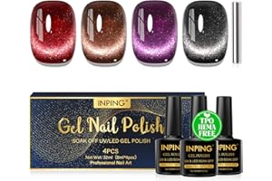 INPING Vernis Semi Permanent Magnétique Sans HEMA TPO-FREE, 4 Couleurs Rouge Violet Marron Noir Pailleté Cat Eye Gel Nail Polish avec Bâton Magnétique, Soak Off UV/LED Vernis à Ongles, 8 ML