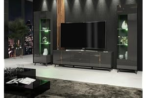 Furneo Azzurro 10/12G – Grey Living Room Set with TV Stand & Display Cabinets, High Gloss & Matt Finish, RGB (Multicoloured) LED Lights