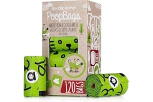 MY ALPHAPET Compostable Dog Poop Bags, Cornstarch Eco-Friendly, Home Compost NF T 51-800, 120 Count, Large Size Bag 9x13 Inches, 8 Unscented Refill Rolls, Leak-Proof, Plantbased, GM-Free Corn