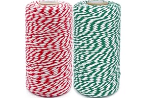 LEECOGO Christmas Twine String 2 Rolls 200m 2mm Green White and Red White Cotton String for Crafts DIY Home Decoration Art Gardening Baking
