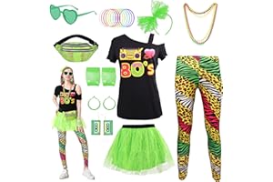 KUKIKUKI 80er Jahre Outfit Damen Set, Leggings T-Shirt Tutu Bauchtasche Stirnband Armband Damen 80 Jahre Kostüm Zubehör Accessories Set für 80er Frauen Thema Party Karneval