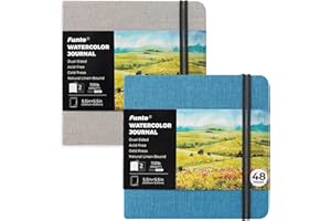 Funto Watercolor Journal, Square, Dual-Sided Cold-Pressed Paper, 5.5" x 5.5", Portable 2-Pack, 48 Pages Each, Blue Cover with Elastic Band, 110 lb/230gsm, Art Supplies for Mixed Media