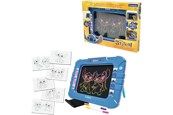 Lexibook, Disney Stitch, Ardoise électronique, Effet néon Lumineux, 8 Effets de lumière colorés, 6 modèles Inclus, Marqueurs Bicolores et Chiffon, CRNEOD