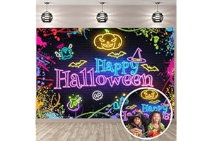 BUTEN Halloween Backdrop Hallowmas Neon Bats Trick or Treat Spider Web Horror Pumpkin Kids Children Halloween Photography Background Decorations Photo Booth Studio Prop (7X5FT(210X150CM))