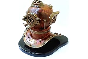 NAUTICAL REPLICA HUB Scuba Diving Divers Helmet U.S Mark V Solid Steel Copper Antique 6" Replica with Wooden Base