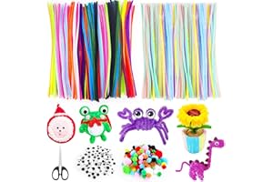 Omsscun 300 PCS Pipe Cleaners for Craft, 27 Colours Pipe Cleaner, Chenille Stems with 100 PCS Eye Self-adhesive and 150 PCS Colorful Pompoms, Chenille Wire for Kids DIY and Decoration