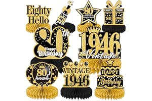 Luvart 80th Birthday Decorations - 9pcs Black and Gold Table Decorations for 1946 80th Birthday Party Decor Men Women Honeycomb Decs Vintage Party Table Decor Supplies