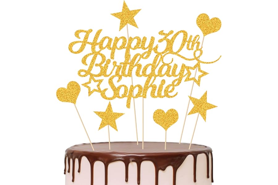 Personalised Happy Birthday Cake Topper Customised with Any Age Name Party Cake Decoration 16 18 21 40 60 Double Sided Glitter Card Gold
