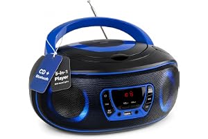 Denver Bärbar CD-Spelare med Bluetooth, USB och FM-Radio, Blå | Bärbar CD-spelare med Bluetooth, FM, USB-MP3, AUX, hörlursuttag, LED, 2 × 2 W RMS samt nät- eller batteridrift