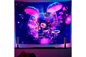 HYSENM Blacklight Skull Tapestry 130x150CM Fantasy Sea Mushrooms Flowers Butterfly Skeleton Tapestry UV Reactive Art Wall Hanging Hippie Room Decor