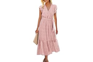 ASOMI Kleid Damen Sommer Boho: Blumen Herbst Wickelkleid Frühling Mode Lang Maxikleid V-Ausschnitt Casual Kurzarm Strandkleid Rüschen Freizeitkleid mit Gürtel