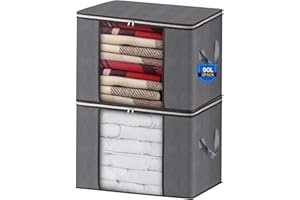 AIOR 2Pcs 90L Sac de Rangement Vetement Pliable avec FenêTre Transparente, Non-tissé Grande Boite Rangement Vetement pour Couettes, Couvertures Jouets VêTements, 60x40x35cm