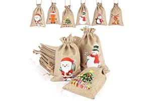 AUERVO 12pcs Christmas Jute Burlap, Xmas Jute Linen Burlap Drawstring Gift Candy Pouch Snack Sack Craft Goodie Bags for kids Xmas Party Favors